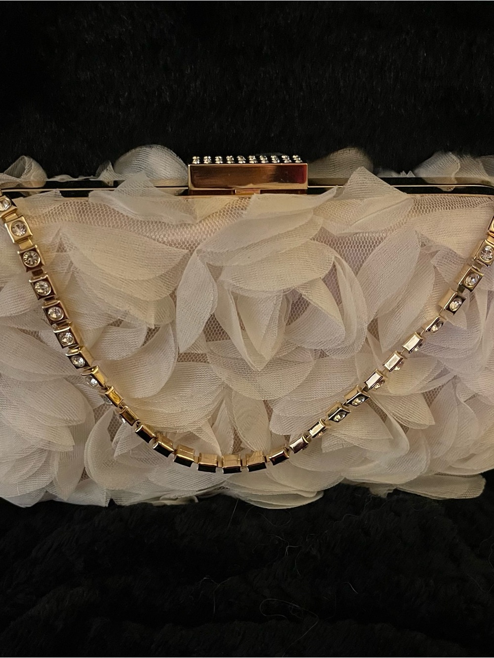 Elegant Ivory Floral Evening Clutch with Rhinestone Gold Chain
